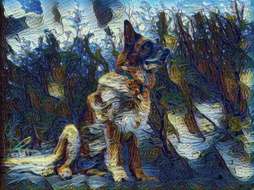 german shepherd with van gogh starry night style